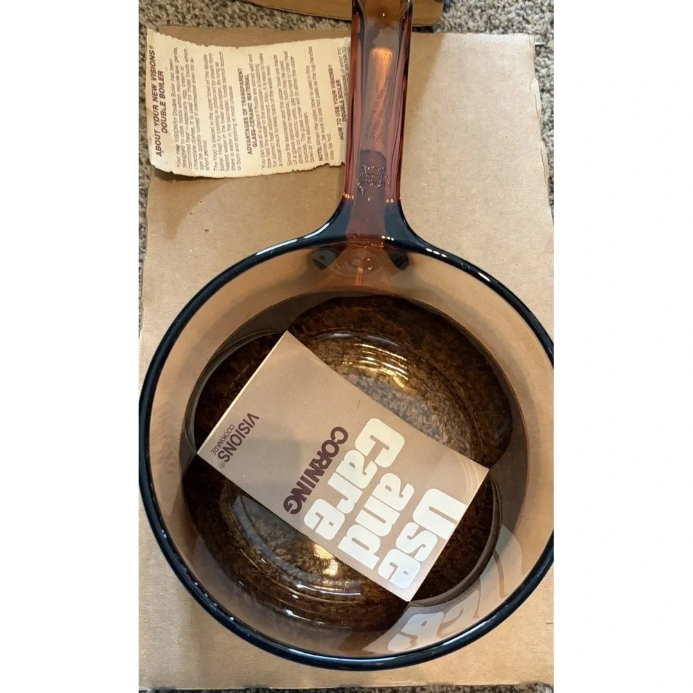 NOS Corning Vision Amber V-20 3 pc Double Boiler 1.5L Pot Sauce Pan & Lid FRANCE